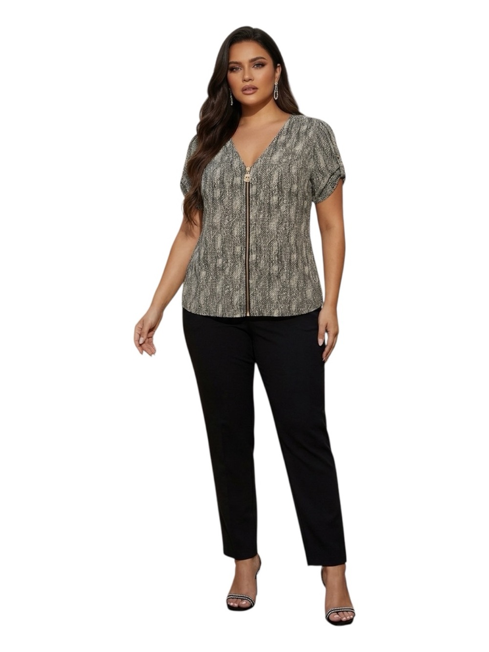 Michael Kors Black and Gray Snake-Print Gold Zip Front Blouse